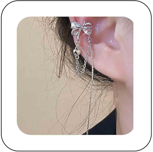 Vintage Crystal Bow Ear Cuff Earrings Rhinestone Bow Cuff Earrings Silver Long Chain Tassel Earrings Cz Chain Dangle Earrings Jewelry for Women-VivaGrace Women