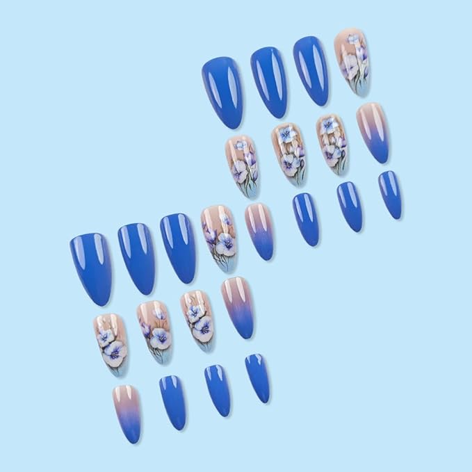 Ombre Blue Press on Nails Medium Almond Fake Nails with Flower Design Spring Press on Nails Gradient Glue on Nails Glossy Reusable Floral Spring Nails for Women Girls Manicure 24pcs