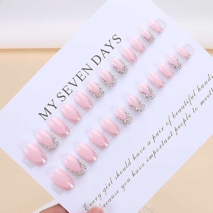 Short Press on Nails Square Nails with Rhinestone Design French Tips Cute Nails Press on Fake Nails for Girls(Pink & Silver)