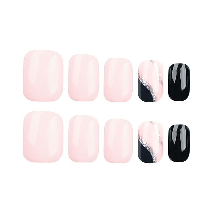Pink Press On Nails Short Square, Black Silver Glitter Design Short False Nails, Reusable Stick On Fake Nails with Glue For Women, 12Sizes-24 Salon Quality Nail Kit, Gift for Woman