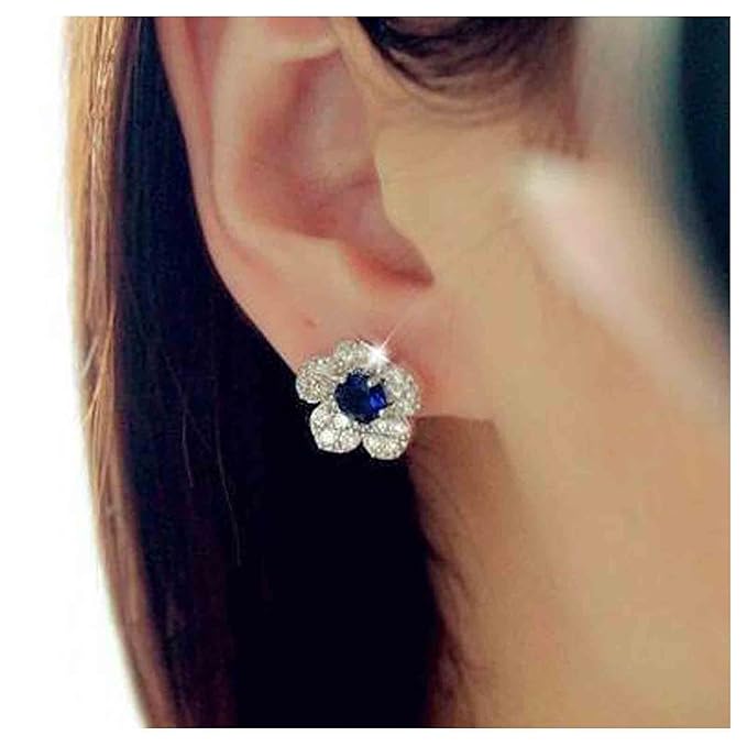 Boho CZ Flower Studs Earrings Silver Crystal Earrings Blue Flower Earrings Studs Wedding Earrings Jewelry for Women and Girls-VivaGrace Women