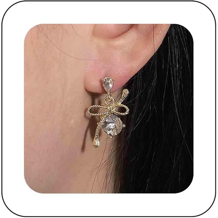 Vintage Rhinestone Bow Drop Earrings Gold Teardrop Crystal Earrings Round Cut Stud Earrings Bow Crystal Bridal Earrings Jewelry for Women-VivaGrace Women