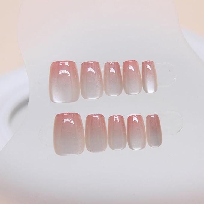KQueenest Cat Eye Ombre Pink Press on Nails Short Coffin, 30 Pcs Glitter French Fake Nails Press ons, Acrylic Glue on Nails Shiny Sparkle False Nails Reusable Stick on Nails for Women Daily Wear