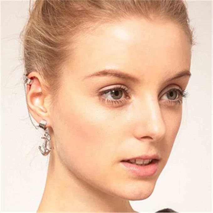 Anchor Chain Cuff Earrings Silver Anchor Dangle Chain Earrings Helix Chain Cartilage Earrings Non Piercing Earrings Jewelry for Women and Girls-VivaGrace Women