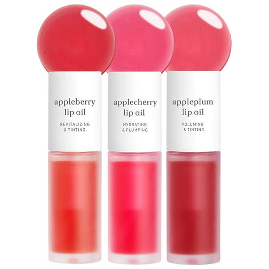 NOONI Vegan Appleseed Lip Oil Set - Appleberry & Applecherry & Appleplum | Long-Lasting, Moisturizing, Plumping, Revitalizing for Dry Lips, Waterproof, No Peel Off, 0.12 FL Oz x 3ea-VivaGrace Women