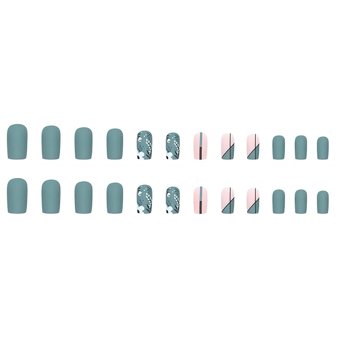 24Pcs Square Press on Nails Medium Fake Nails Summer Stick on Nails Olive Green Color Refreshing False Nails with Flower Designs Cute Acrylic Nails Glue on Nails for Women & Girls