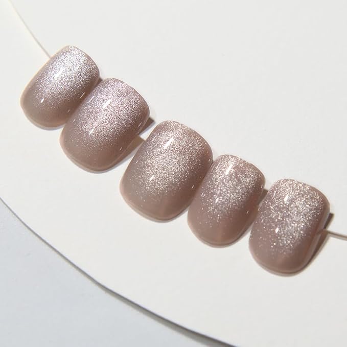 Nude-Silver Spring Press on Nails Short Square, Cat Eye Press on Nails, Fashion Gel Fake Nails, Reusable Acrylic Fake Nails, Glossy Stick on Nails for Women, Glue on Nails Kit, Icy Nude-Silver