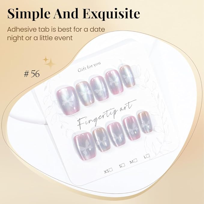 Purple Press On Nails Short Square, Cat Eye Fake Nails with Chameleon Butterfly Designs, Glossy Gel Finish Acrylic Press On Nails, Thick Natural Glue On Nails for Women, Dreamscape Butterfly