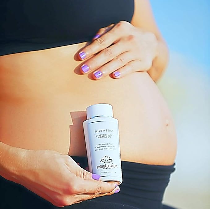 Sweetsation Therapy- Organic EllastiBelly Stretch Mark Miracle Oil, 4oz. Stretch Marks Prevention in Pregnancy With Omega 3,6,9, Vitamins,Amino Acids, 30+ Extracts to Boost Elasticity-VivaGrace Women