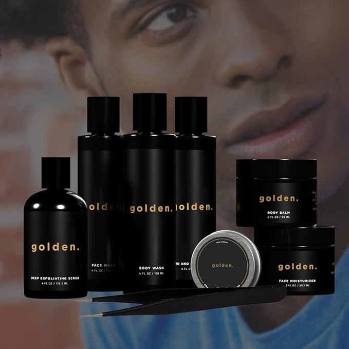 Golden Grooming Co. Bath and Body Skin Care Kit Gift Set for Men - with Deep Exfoliating Scrub, Face Wash, Moisturizer, Body Wash, 2 in 1 Beard and Hair Shampoo, Body Balm,Solid Cologne and Tweezers-VivaGrace Women