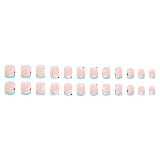 Elegant Light Green False Nails - 24 Pcs Press On Nails with White Flower Designs, French Acrylic Tips, Full Cover Glue On Nails