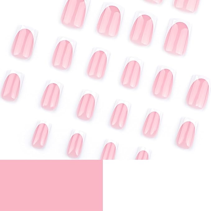 24Pcs French Short Press on Nails with Jelly Glue White French Tip Press On Acrylic Nails Nude Pink False Nail Tips Reusable Cute Finger Manicure Decorations for Women