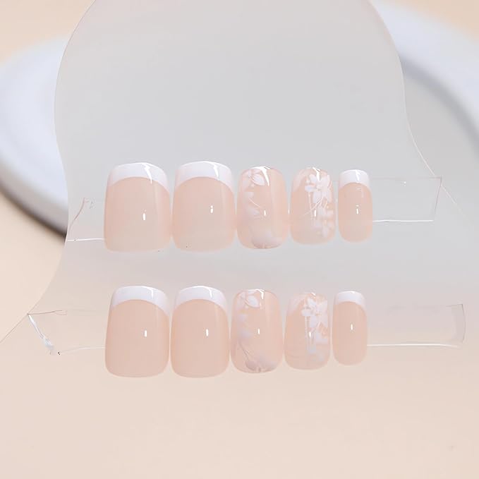 Short Square Press on Nails White French Fake Nails with Flower Designs Glossy Full Cover Stick on Nails Short Small Flowers Artificial Acrylic False Nails White Floral Glue on Nails for Women 24Pcs