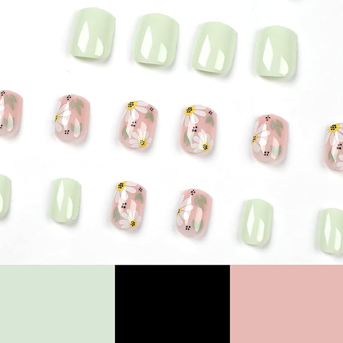 Press on Nails Short Square False Nails with Flower Designs Green Fake Nails with Nail Glue Spring Glue on Nails Summer Acrylic Nails Glossy Artificial Nails for Women and Girls