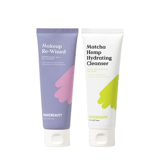 KraveBeauty Double Cleanse Duo, Makeup Re-Wined + Matcha Hemp Cleanser, Gentle Makeup Remover & Hydrating Cleanser, Hydrates and Preps Skin, Vegan & Cruelty Free, 3.38 fl oz 4.05 fl oz-VivaGrace Women