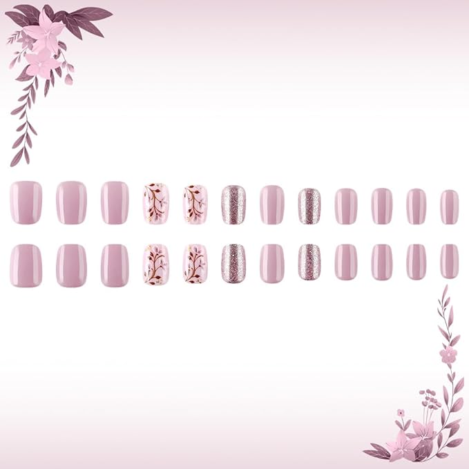24Pcs Short Press on Nails Flower Nails Press ons Flower Square Fake Nails with Glitter Designs Purple Summer Glue on Nails Floral Artificial Acrylic False Nails for Women