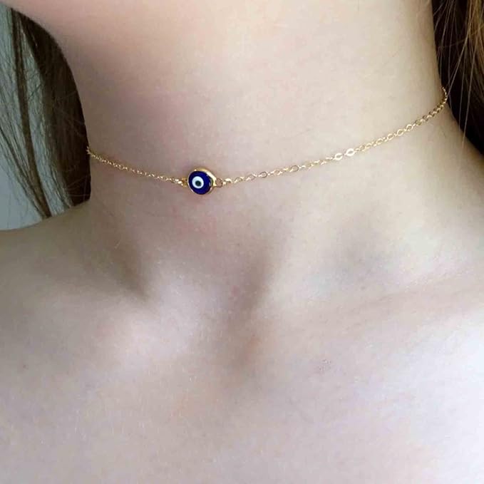 Boho Evil Eye Choker Necklace Blue Eye Pendant Necklace Minimal Gold Chain Necklace Lucky Eye Necklace Amulet Chain Jewelry for Women and Girls-VivaGrace Women