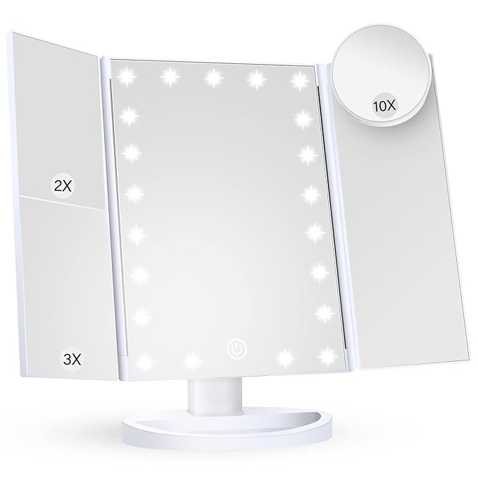 HUONUL Makeup Mirror Vanity Mirror with Lights, 2X, 3X, 10X Magnification, Touch Control, Trifold, White, 9.4" L x 13.4" W, Modern Style, Dresser Mount, Bathroom-VivaGrace Women