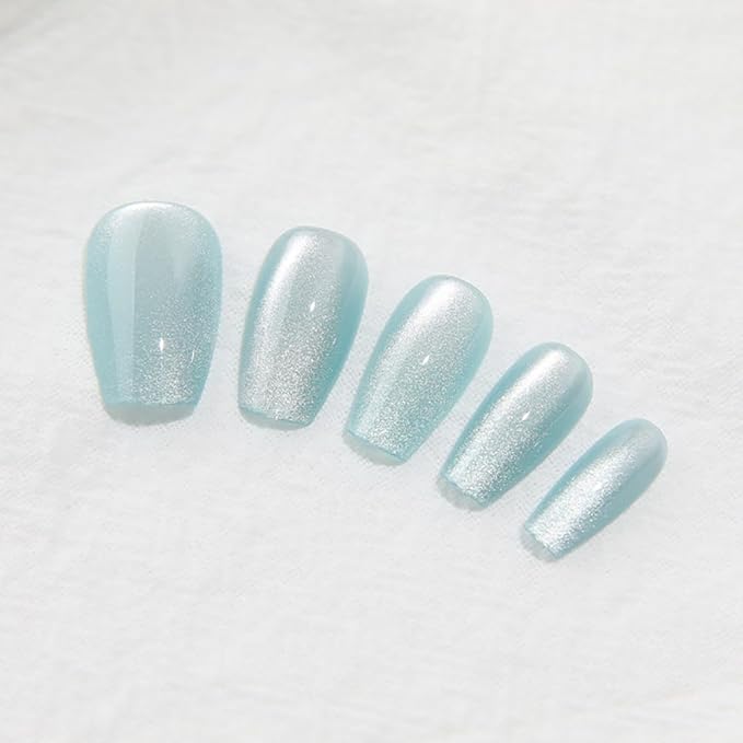 Light Blue Press On Nails Medium, Cat Eye Coffin Press On Nails with Crystal Glow Design, Fashion Gel Fake Nails, Reusable Coffin Fake Nails, Stick On Nails for Women, Crystal Frost