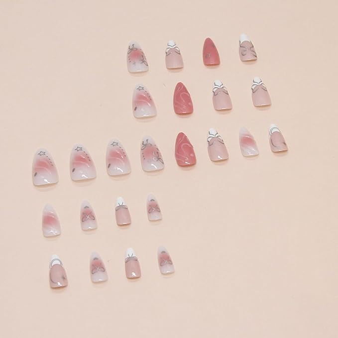 24Pcs Silver Bow Press on Nails Medium Almond French Tip Fake Nails with 3D Star Heart Design Pink White False Nails Full Cover Artificial Glue on Nails Handmade Stick on Nails for Women DIY Manicure