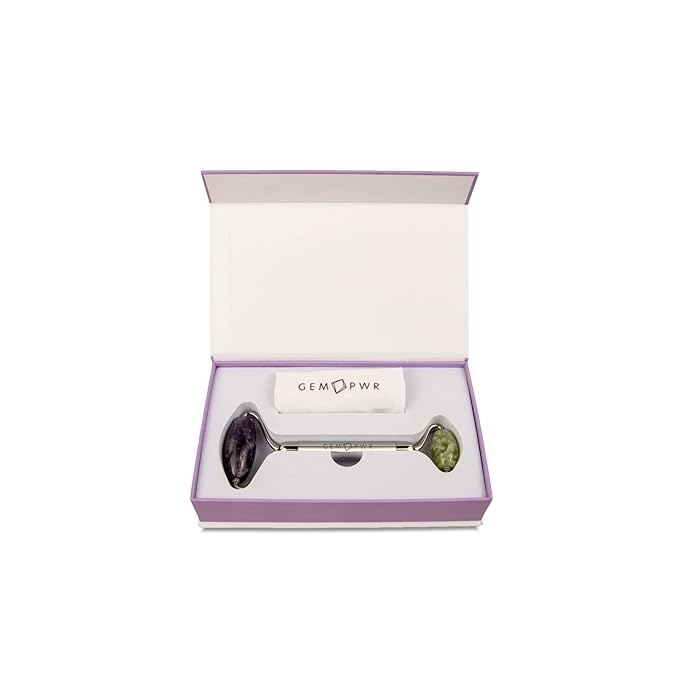 Amethyst + Jade Roller for Face and Neck Massage, Dual Gemstones with Durable Steel Handle and Travel Bag. Minimize Wrinkles, Reduce Puffiness and Restore Skin's Elasticity and Radiance