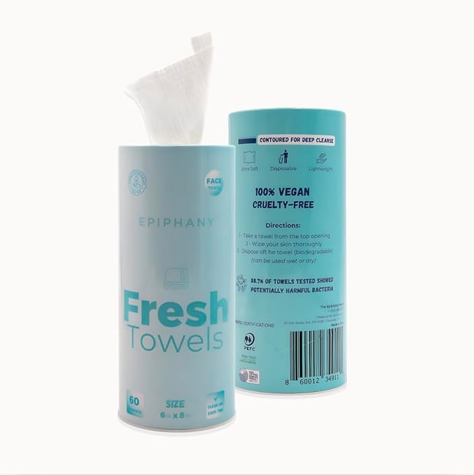 Epiphany Fresh Towels, Dry Disposable Face Towels – 60 Cotton-Feel Clean Tissues for Skin Care. Lint-Free Makeup Remover Cloths. 6x8 Inch Biodegradable Face Wash Cloths, Gentle on All Skin Types