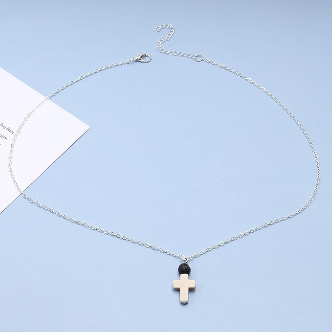 Boho Cross Pendant Necklace Black Lava Bead Choker Necklace Silver Chain Necklace Minimalist Everyday Necklace Jewelry for Women and Girls-VivaGrace Women