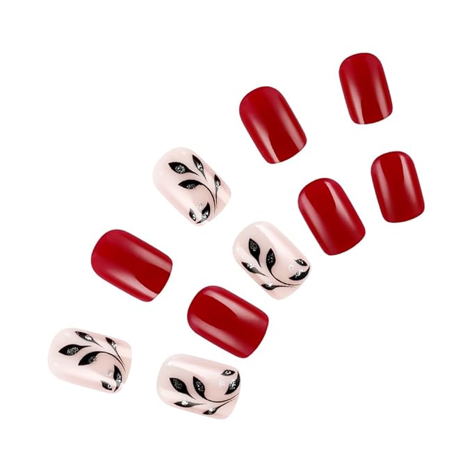 Red Press On Nails Short Square, Leaf Glitter Design Short False Nails, Reusable Stick On Fake Nails with Glue For Women, 12Sizes-24Salon Quality Nail Kit, Gift for Woman