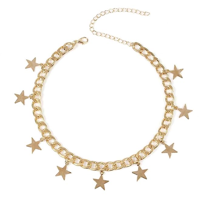 Boho Star Dangle Choker Necklace Gold Chunky Curb Chain Necklace Punk Thick Chain Choker Necklace Minimal Short Chain Necklace Jewelry for Women and Girls-VivaGrace Women