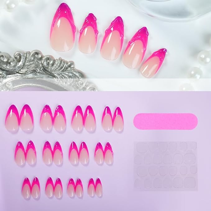 French Tip Press on Nails Almond Nails Press Ons Medium Glue on Nails Purple Nails with 3D Designs Cute Fake Nails 24PCS(Pink & Purple)