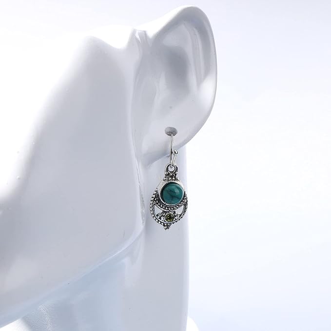 Boho Ethnic Turquoise Drop Earrings Silver Teardrop Turquoise Earrings Gemstone Hook Earrings Retro Drop Dangle Earrings Jewelry for Women and Girls-VivaGrace Women