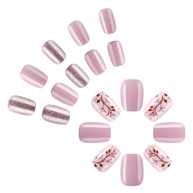 24Pcs Short Press on Nails Flower Nails Press ons Flower Square Fake Nails with Glitter Designs Purple Summer Glue on Nails Floral Artificial Acrylic False Nails for Women