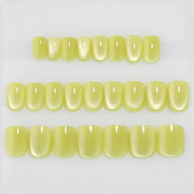 Yellow Press on Nails Short, Cat Eye Press on Nails Square, Fashion Gel Fake Nails, Reusable Acrylic Fake Nails, Glossy Stick on Nails for Women Girls Gift, Glue on Nails Kit, Golden Mirage