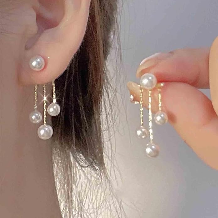 Boho Pearl Drop Dangle Earrings Gold Pearl Ear Jacket Earrings Vintage Dangle Pearl Tassel Earrings Double Way Front Back Earrings Jewelry for Women Gifts-VivaGrace Women