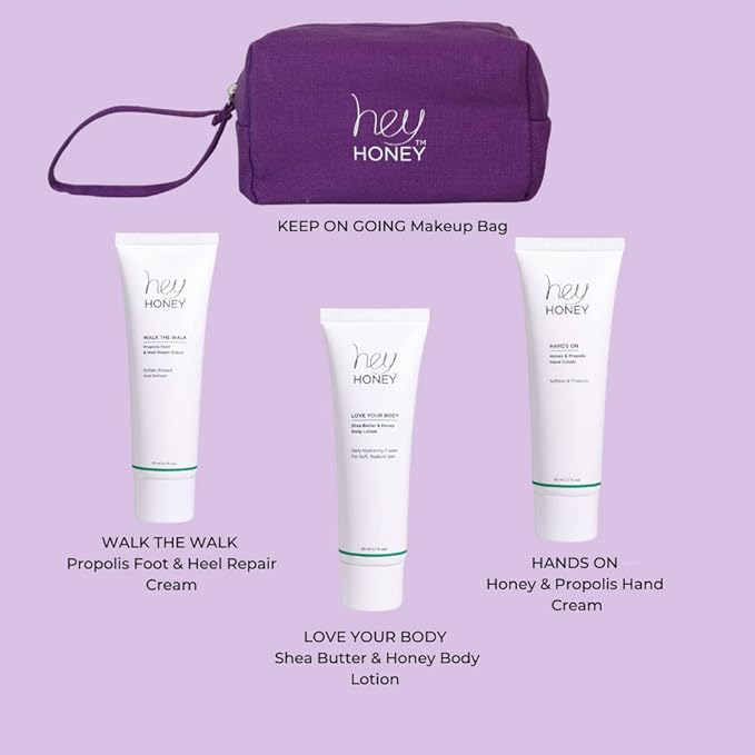Hey Honey 4pc Set: Love Your Body Lotion, Walk The Walk Foot Cream, Hands On Honey Hand Cream, Eco Makeup Bag. Perfect for Valentine's, Xmas, Birthdays-VivaGrace Women
