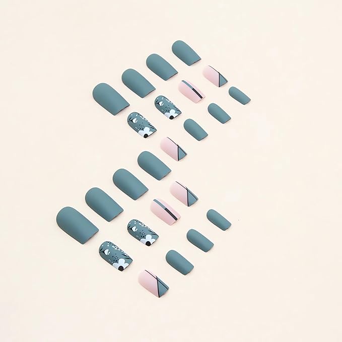 24Pcs Square Press on Nails Medium Fake Nails Summer Stick on Nails Olive Green Color Refreshing False Nails with Flower Designs Cute Acrylic Nails Glue on Nails for Women & Girls