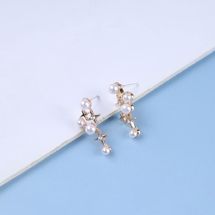 Vintage Pearl Star Earrings Rhinestone Pearl Drop Earrings Gold Crystal North Star Earrings Cz Northstar Studs Earrings Jewelry for Women-VivaGrace Women
