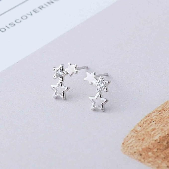 Boho Rhinestone Star Ear Climber Earrings Silver Cluster Star Earrings Minimal Crawler Earrings Vintage Studs Earrings Jewelry for Women and Girls-VivaGrace Women