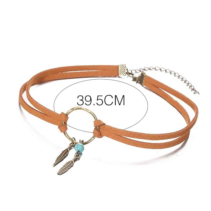Boho Layered Suede Choker Necklace Tiny Leaf Pendant Necklace Chain Brown O Ring Leather Choker Necklace Turquoise Bead Necklace Chain Jewelry for Women and Girls-VivaGrace Women