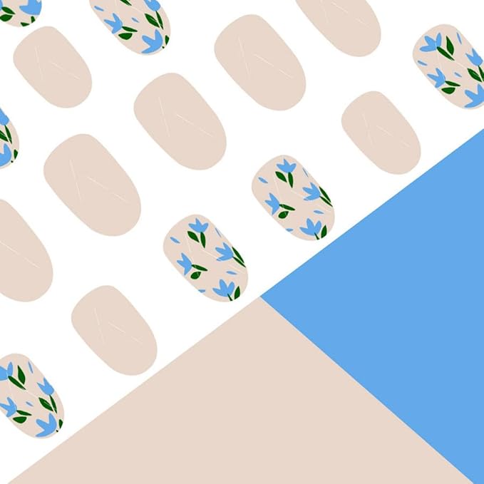 Almond Press on Nails Spring Medium Fake Nails with Green Leaf Design Blue Floral Glue on Nails Glossy Nude False Nails Reusable Summer Nails for Women Girls Daily Manicure 24pcs