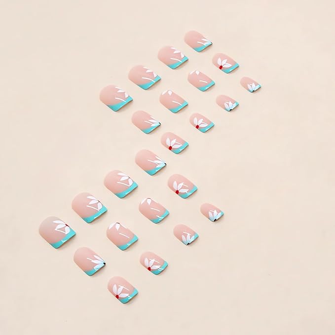 Elegant Light Green False Nails - 24 Pcs Press On Nails with White Flower Designs, French Acrylic Tips, Full Cover Glue On Nails
