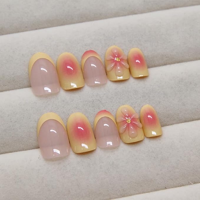 24Pcs Almond Press on Nails Flower Summer Fake Nails with 3D Floral Designs French Tip Pink Acrylic False Nails Cute Glue on Nails Medium Almond Nails Press ons for Women Girls