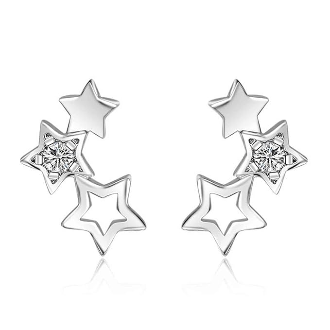 Boho Rhinestone Star Ear Climber Earrings Silver Cluster Star Earrings Minimal Crawler Earrings Vintage Studs Earrings Jewelry for Women and Girls-VivaGrace Women