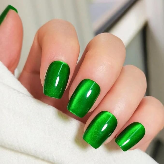 KQueenest Cat Eye Emerald Green Press on Nails Short Coffin, Glitter Sparkle Fake Nails Press ons, Shiny Acrylic Glue on Nails Medium Reusable False Nails for Women St. Patrick's Day 30 Pcs