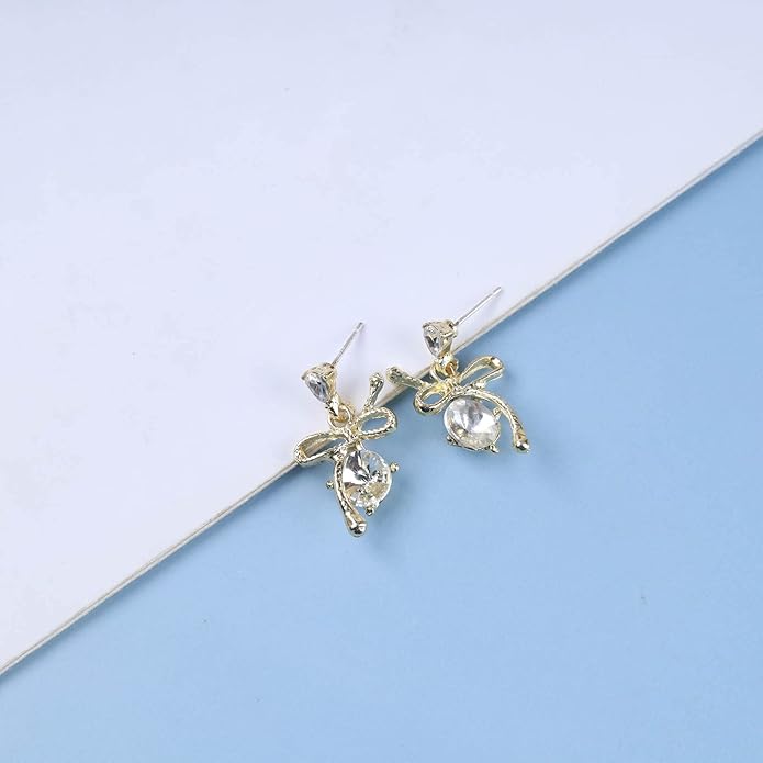 Vintage Rhinestone Bow Drop Earrings Gold Teardrop Crystal Earrings Round Cut Stud Earrings Bow Crystal Bridal Earrings Jewelry for Women-VivaGrace Women