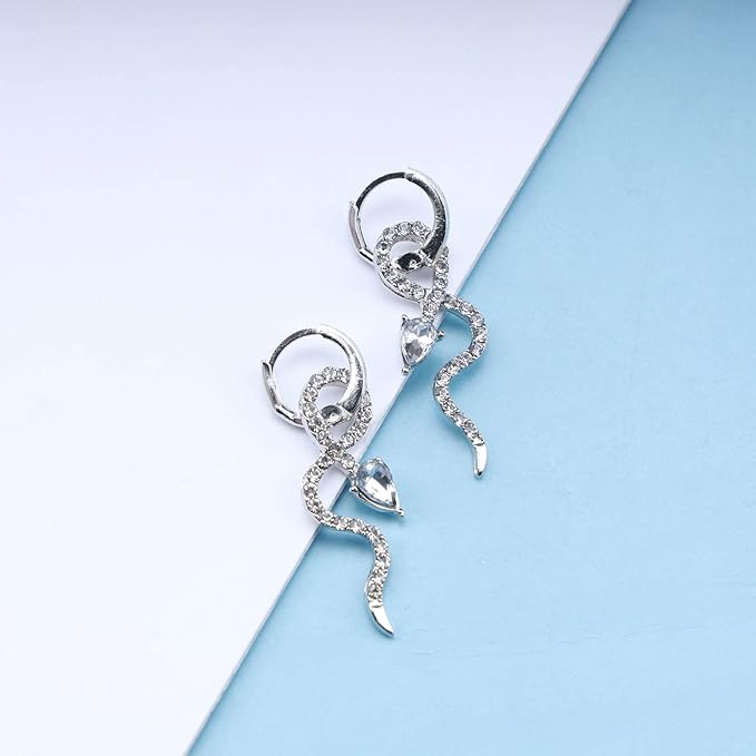 Gothic Crystal Snake Drop Earrings Silver Serpent Earrings Punk Snake Hoop Earrings Unusual Halloween Earrings Jewelry for Women and Girls-VivaGrace Women