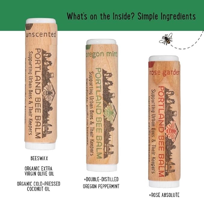 Portland Bee Balm All Natural Handmade Beeswax Based Lip Balm Unscented, Oregon Mint and Rose Assortment 3 Count-VivaGrace Women