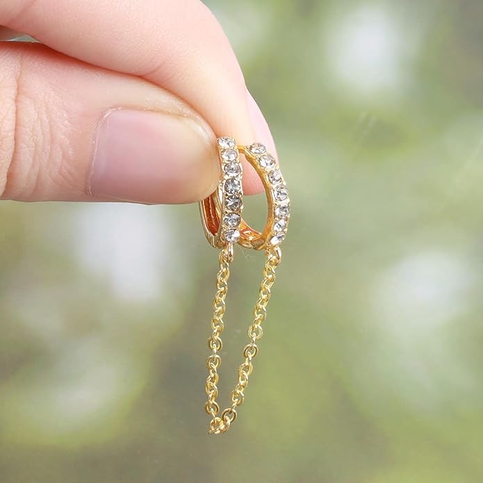 Boho Double Chain Hoop Earrings Gold Cz Hoop Chain Earrings Punk Dangle Chain Earrings Rhinestone Huggies Studs Earrings Jewelry for Women and Girls Gifts-VivaGrace Women