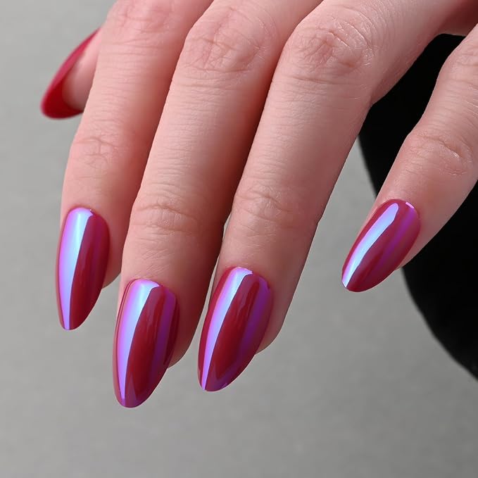 Chrome Spring Press on Nails Short Almond, Pink-Purple Press on Nails Almond, Fashion Gel Fake Nails, Reusable Glossy Stick on Nails for Women, Glue on Nails Kit,15 Sizes - 30Pcs