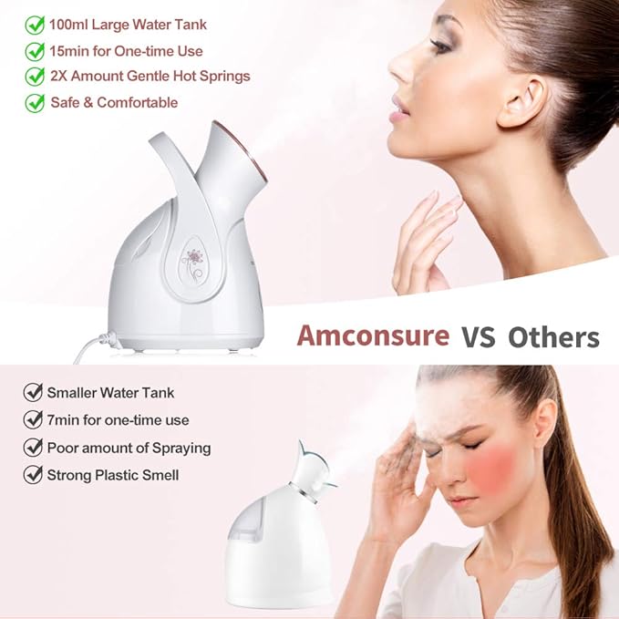 Facial Steamer, Amconsure Nano Ionic Face Steamer for Home, 100ML Warm Mist Humidifier for Women Moisturizing, Unclogs Pores-Bonus Stainless Steel Skin Kit and 2 Face Scrubbers-VivaGrace Women